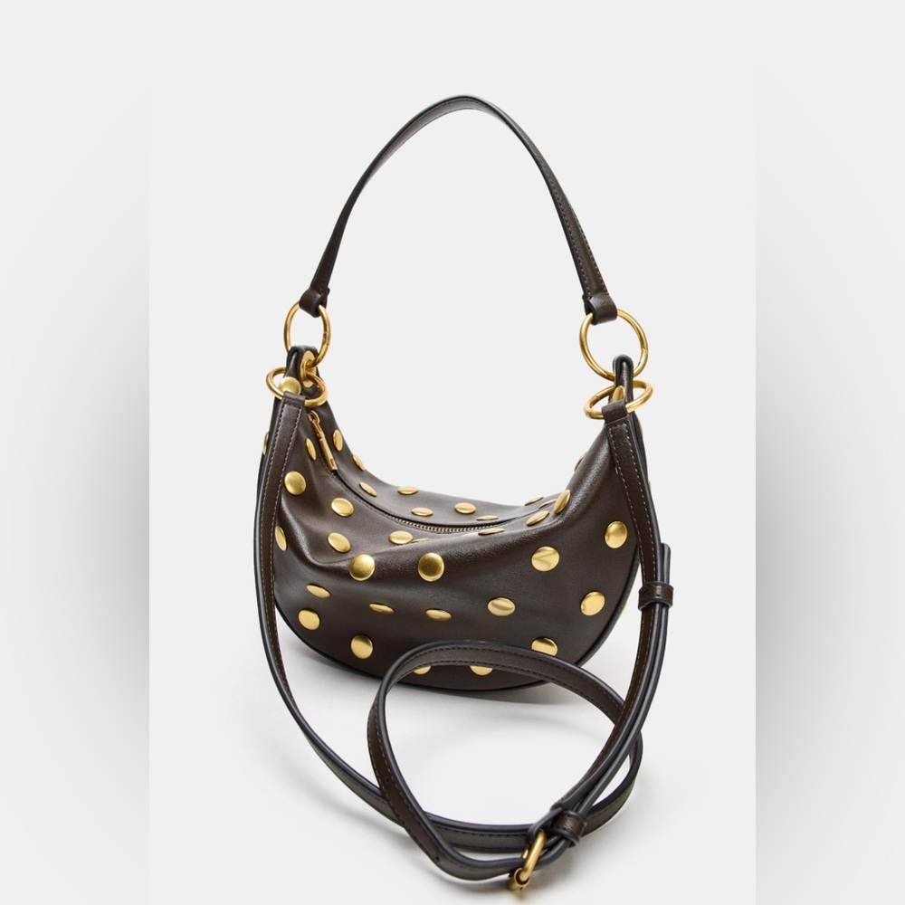 Zara Dark Brown Leather Shoulder Bag with Gold Studs